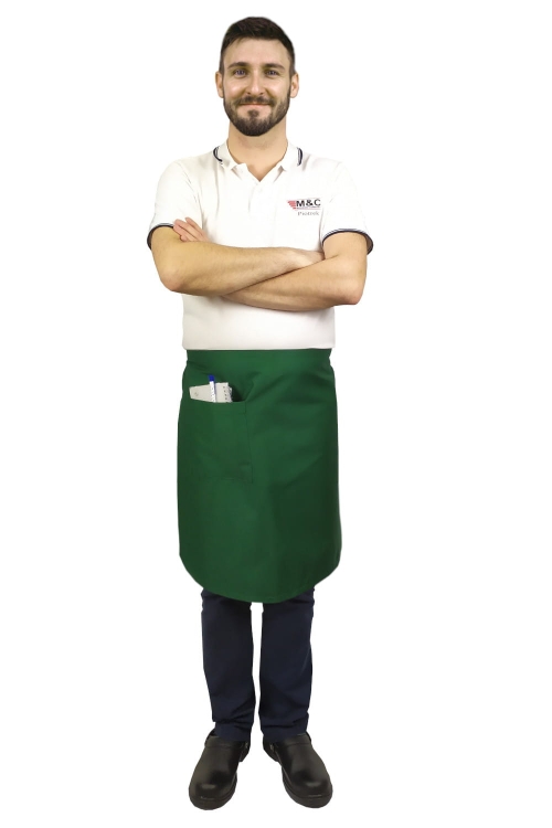Șorț verde de barman cu o lungime de 60 cm.