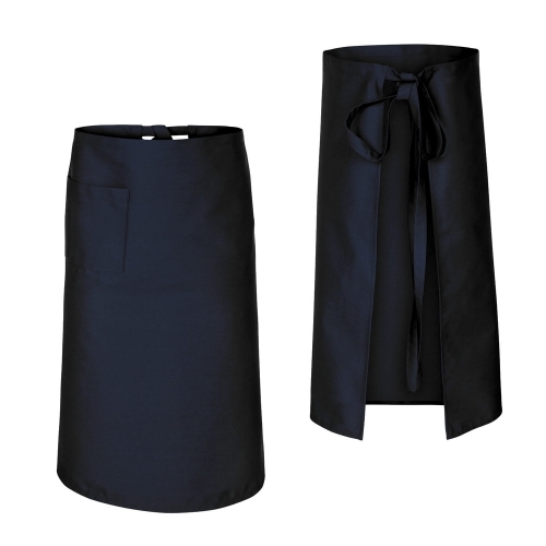 Șorț de bucătar albastru închis, cu lungimea de 75 cm.