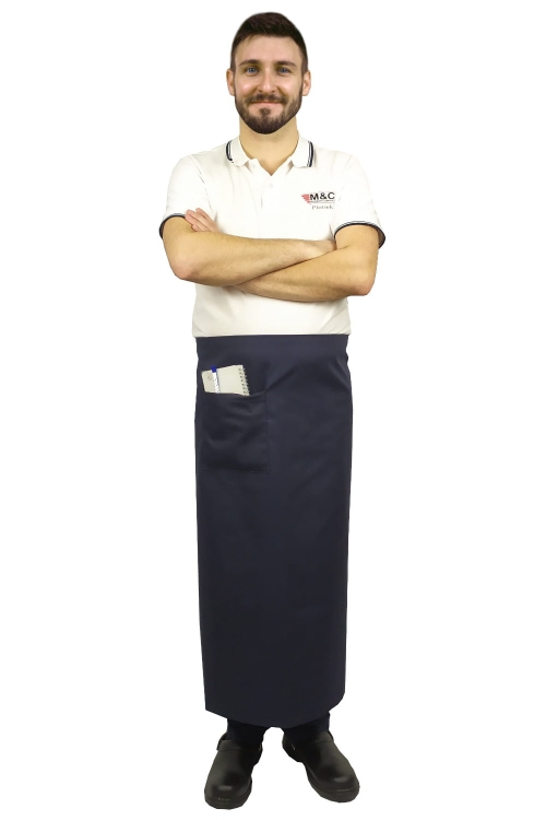 Pantaloni de servire de culoare albastru închis, cu lungimea de 90 cm.