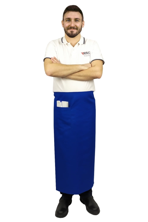 Pantalonii de servire albastru cu o lungime de 90 cm.