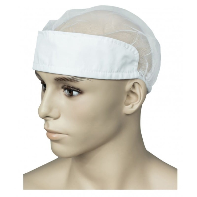 Căciulă albă din tul cu material elastic.