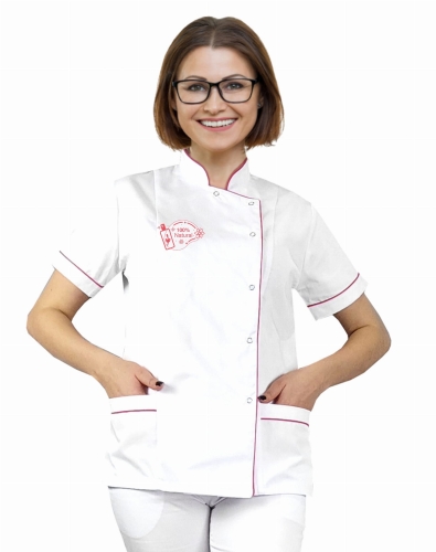 Jachet cosmetic alb cu logo și dantelă amarant.