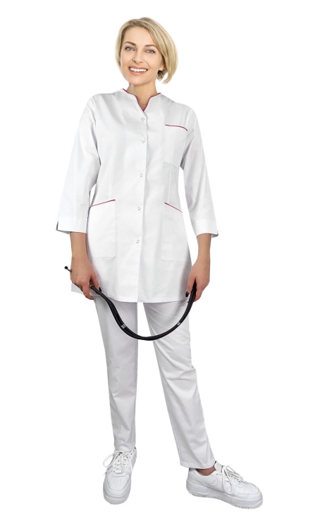 Compleu medical feminin cu mânecă 3/4 și bordură roz