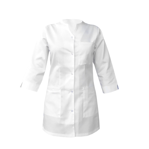 Compleu medical pentru femei cu mânecă 3/4 și dantelă albă.