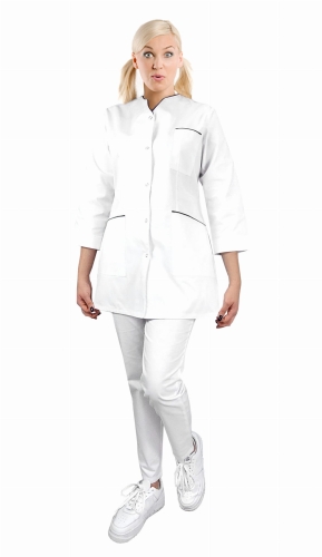 Compleu medical feminin cu mânecă 3/4 și tiv albastru.