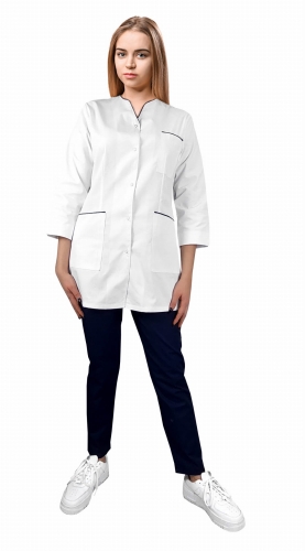 Compleu medical feminin cu mânecă 3/4 și dantelă albastră.