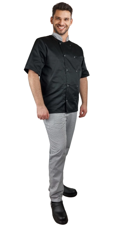 Bluza de bucătar cu mânecă lungă, pepit, cu capse.