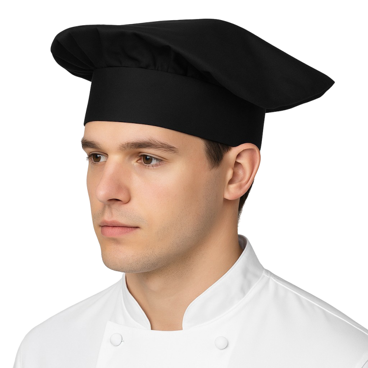 Căciulă de bucătar, joasă, neagră.