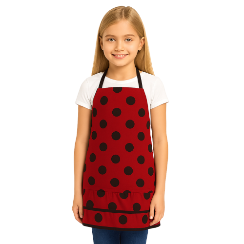 czerwony fartuch kuchenny dla dzieci w czarne kropki
