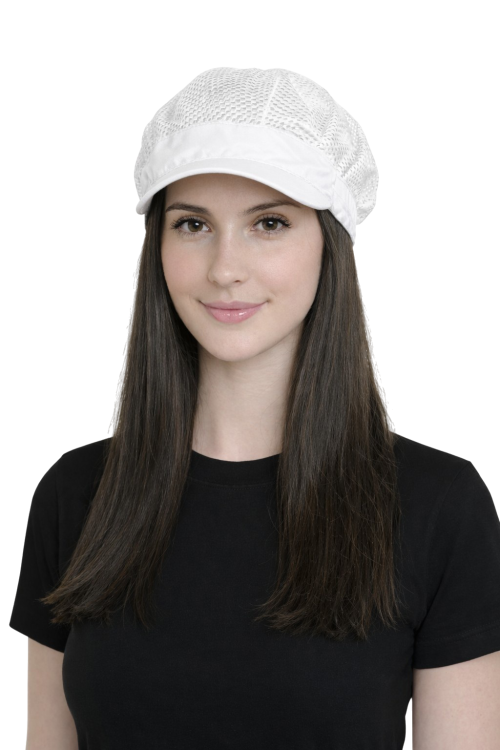 Czapka z siateczką i twardym daszkiem dla przemysłu gastro i spożywczego kolor biały dla kobiety widok z przodu.png