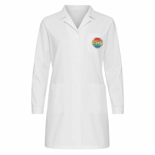 Fartuch laboratoryjny biały damski zapinany na guziki z twoim własnym nadrukiem kreator online przód.jpg