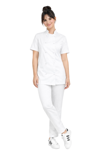 Komplet kucharski damski z bluzą z krótkim rękawem  i spodniami w kolorze białym