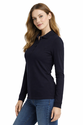 Koszulka polo damska długi rękaw granatowa lewy bok.png
