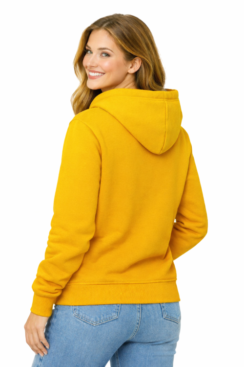 Bluza damska z kapturem kieszeniami żółta widok z tyłu.png