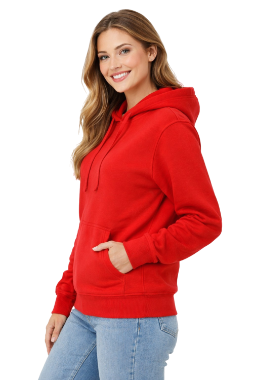 Bluza damska z kapturem kieszeniami czerwona widok z boku.png