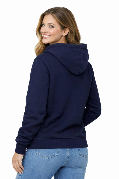 Bluza damska z kapturem kieszeniami granatowa widok z tyłu.png