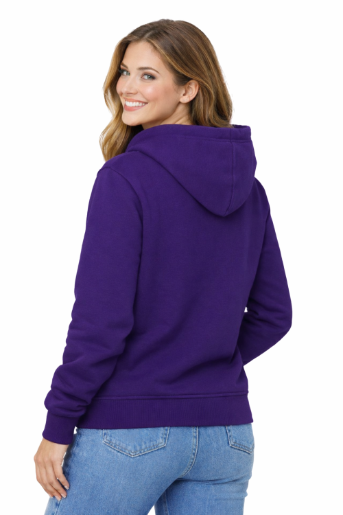 Bluza damska z kapturem kieszeniami purpurowa widok z tyłu.png