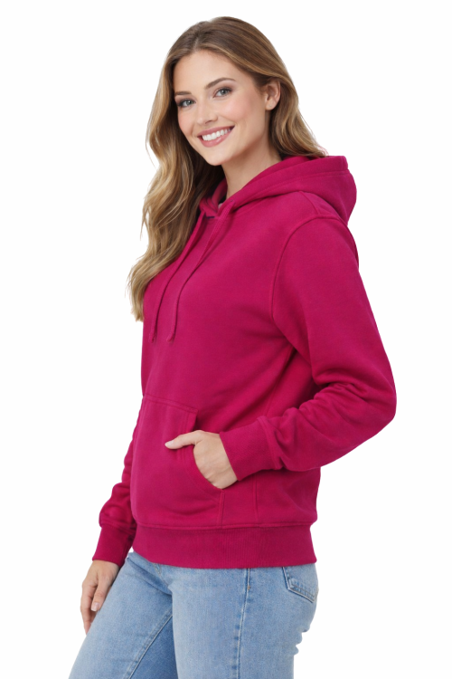 Bluza damska z kapturem kieszeniami fuksja widok z boku.png