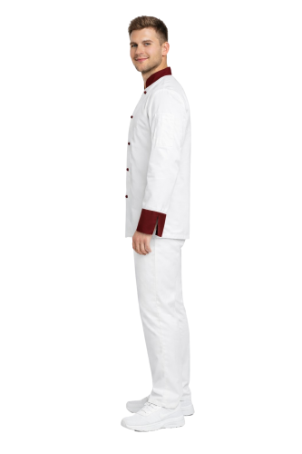 Profesjonalny męski  zestaw szefa kuchni  biały z bordowymi wstawkami