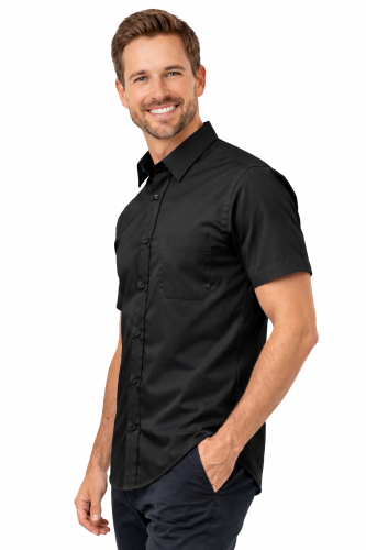 Koszula męska z krótkim rękawem zapinana na guziki czarna widok z boku.png