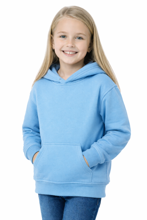 Bluza sportowa z kapturem i długim rękawem dziecięca dla chłopca i dziewczynki jasnoniebieska widok dziewczynki.png