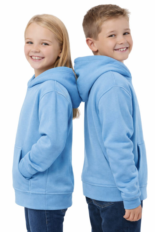 Bluza sportowa z kapturem i długim rękawem dziecięca dla chłopca i dziewczynki jasnoniebieska widok z boku.png