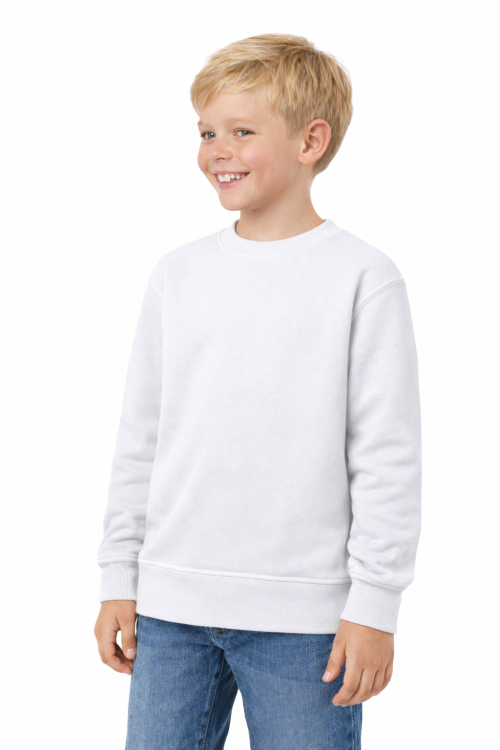 Bluza sportowa dziecięca wkładana przez głowę długi rękaw dla chłopca i dziewczynki biała widok chłopca.png