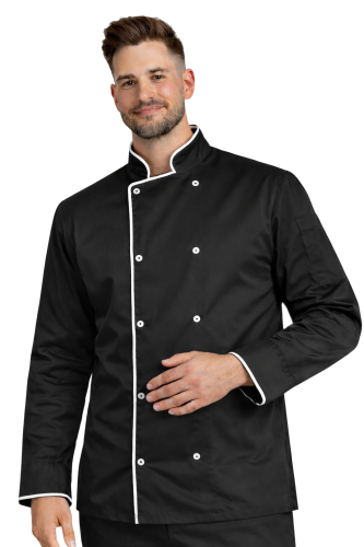 Bluza kucharska czarna z białą lamówką i długim rękawem