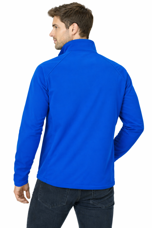 Kurtka męska softshell z kieszeniami zapinana na zamek kolor chabrowy widok z tyłu.png