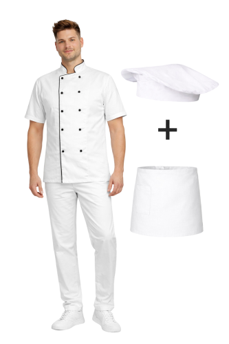 Zestaw gastronomiczny dla szefa kuchni,ucznia biały  z czarną  lamówką i białą  zapaską.png