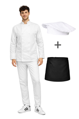 Profesjonalny uniform gastronomiczny – zestaw dla kucharza zapinany na napy ,kolor biały z czarna zapaską