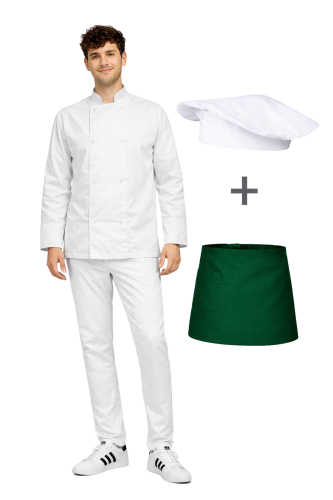 Profesjonalny uniform gastronomiczny – zestaw dla kucharza zapinany na napy ,kolor biały  z zieloną zapaską