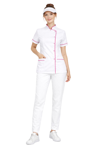 zestaw kucharski w kolorze białym na napy z różową lamówką krótki rękaw.png