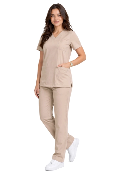 Set medical feminin clasic, tăietură simplă, bej - scrubs CASUAL PREMIUM