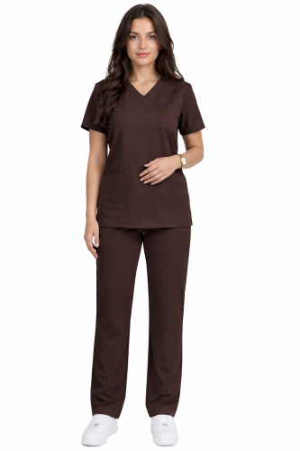 Damski komplet medyczny Casual  PREMIUM w kolorze czekoladowym  ,spodnie proste klasyczne