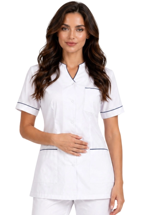 Żakiet medyczny damski biały z granatową lamówką