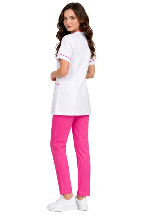 Damski komplet medyczny PHARMACY COMFORT biały  z różową lamówką i rożowymi spodniami