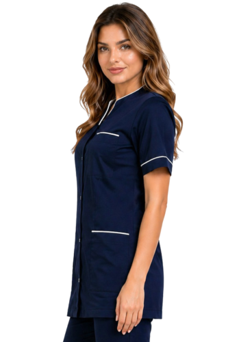 Medyczny żakiet kosmetyczny granatowy z białą lamówką