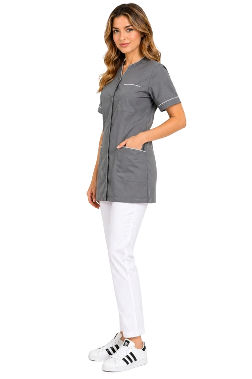 PHARMACY COMFORT damski komplet medyczny szary  z białą lamówką i białymi spodniami