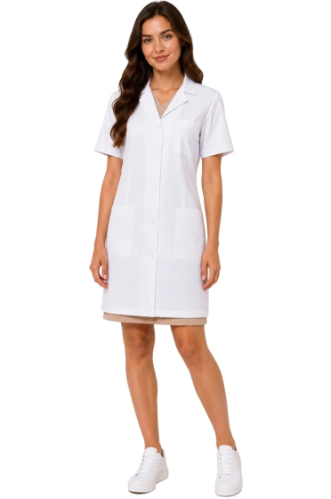 Halat medical feminin alb imacat cu maneci scurte