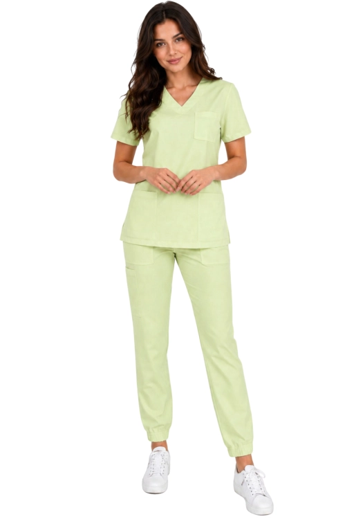 Komplet medyczny damski pistacjowy – scrubs CASUAL PREMIUM-przód.png