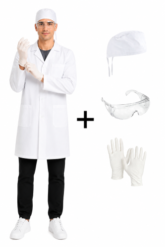 Zestaw fartuch laboratoryjny okulary czepek medyczny rekawiczki lateksowe.png