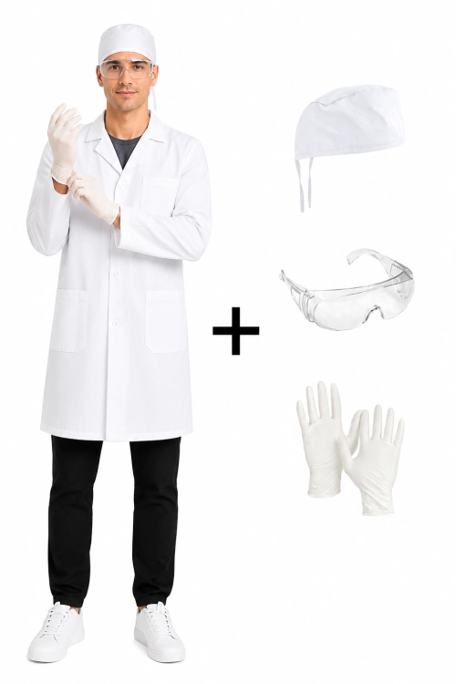 Zestaw fartuch laboratoryjny okulary czepek medyczny rekawiczki lateksowe.png