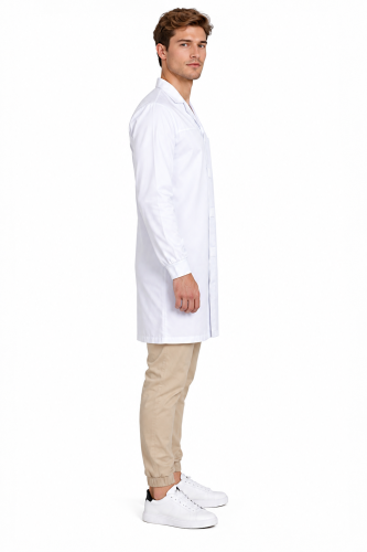Fartuch laboratoryjny medyczny męski zapinany na rzepy rekaw długi kolor biały widok z boku.png