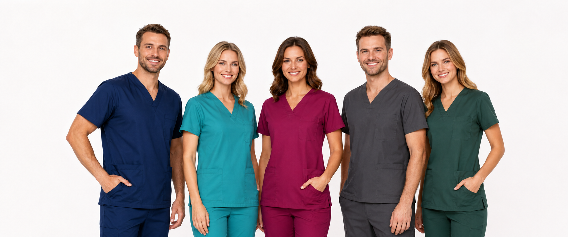Echipă medicală purtând uniforme medicale în diferite culori