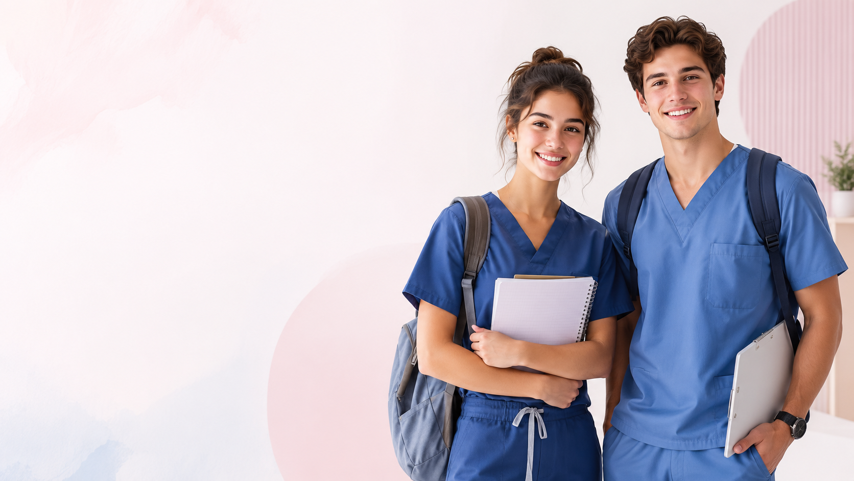 Studentă și student în uniforme medicale albastre